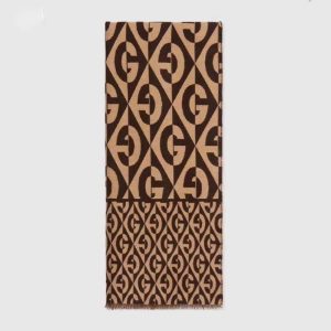 Replica Gucci Unisex G Rhombus Jacquard Scarf in Wool and Cotton-Brown