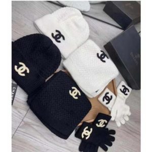 Replica Chanel Unisex CC A Set of Ahead Beanie Gloves Scarf White Black One Size 2