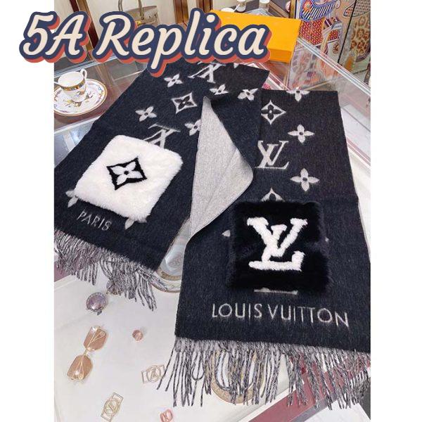 Replica Louis Vuitton LV Unisex Cold Reykjavik Scarf Black Monogram Flowers Cashmere Pockets Mink Fur 4