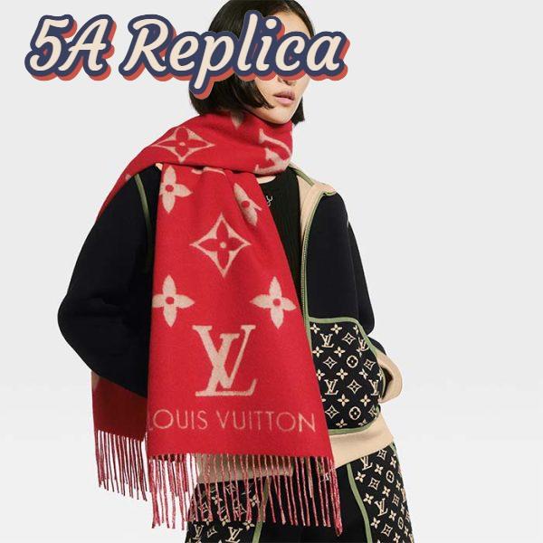 Replica Louis Vuitton LV Unisex Reykjavik Scarf Red Cashmere Jacquard Weave Oversized Monogram Flowers 10