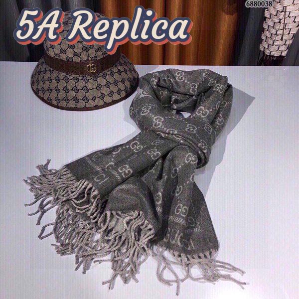 Replica Gucci Unisex GG Jacquard Knitted Scarf Silver Light Grey GG Fringe Edges 6