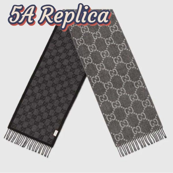 Replica Gucci Unisex GG Jcquard Pattern Knit Scarf Tassels Grey Wool Light Grey GG 2