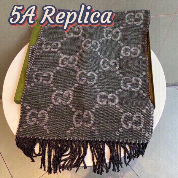 Replica Gucci Unisex GG Jcquard Pattern Knit Scarf Tassels Grey Wool Light Grey GG 3