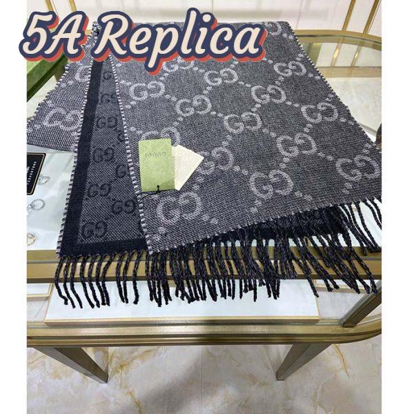 Replica Gucci Unisex GG Jcquard Pattern Knit Scarf Tassels Grey Wool Light Grey GG 4