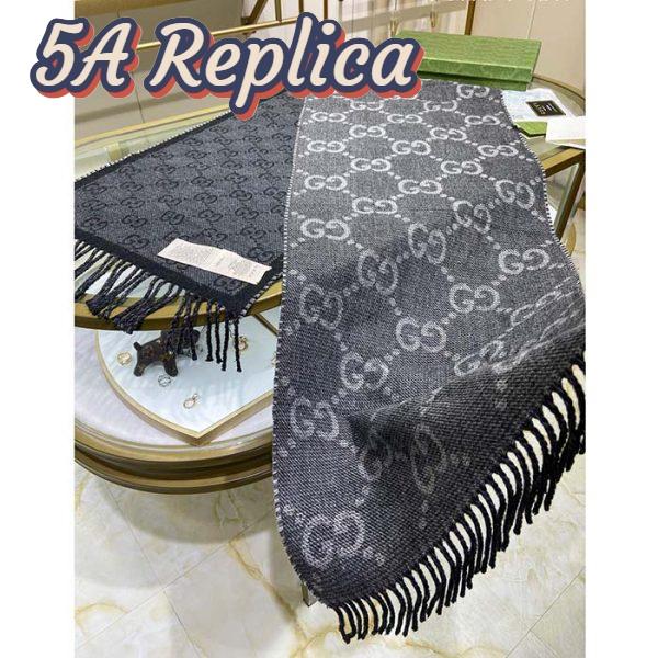 Replica Gucci Unisex GG Jcquard Pattern Knit Scarf Tassels Grey Wool Light Grey GG 5
