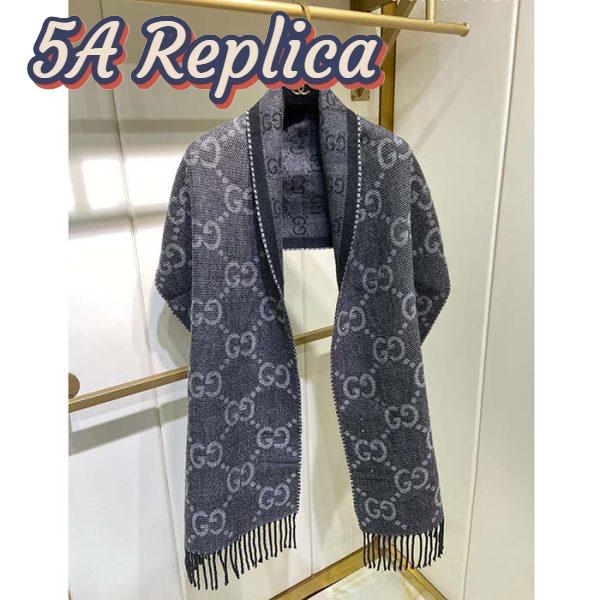 Replica Gucci Unisex GG Jcquard Pattern Knit Scarf Tassels Grey Wool Light Grey GG 6