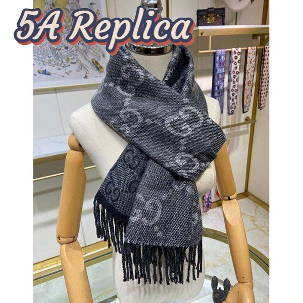 Replica Gucci Unisex GG Jcquard Pattern Knit Scarf Tassels Grey Wool Light Grey GG 7