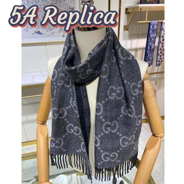 Replica Gucci Unisex GG Jcquard Pattern Knit Scarf Tassels Grey Wool Light Grey GG 8