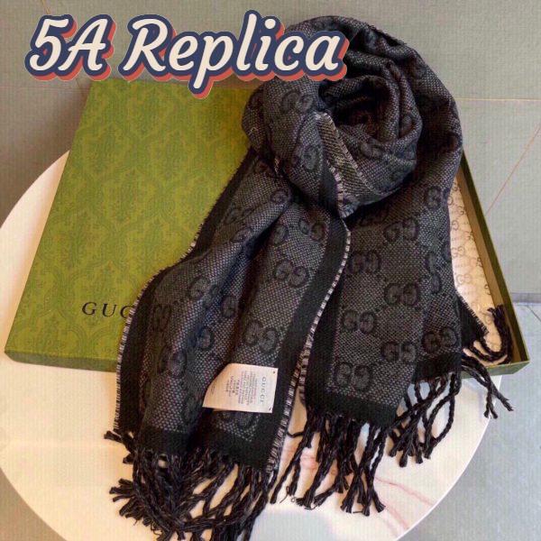Replica Gucci Unisex GG Jcquard Pattern Knit Scarf Tassels Grey Wool Light Grey GG 9