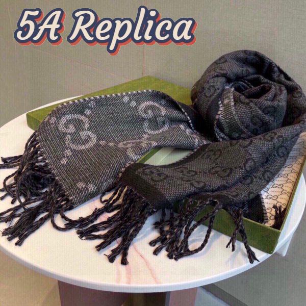 Replica Gucci Unisex GG Jcquard Pattern Knit Scarf Tassels Grey Wool Light Grey GG 10