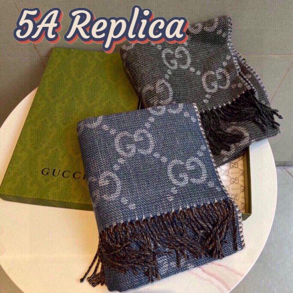 Replica Gucci Unisex GG Jcquard Pattern Knit Scarf Tassels Grey Wool Light Grey GG 11