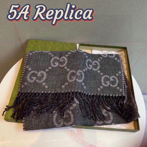 Replica Gucci Unisex GG Jcquard Pattern Knit Scarf Tassels Grey Wool Light Grey GG 12