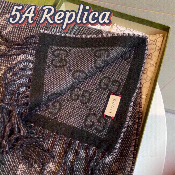 Replica Gucci Unisex GG Jcquard Pattern Knit Scarf Tassels Grey Wool Light Grey GG 13