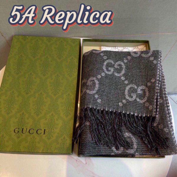 Replica Gucci Unisex GG Jcquard Pattern Knit Scarf Tassels Grey Wool Light Grey GG 14