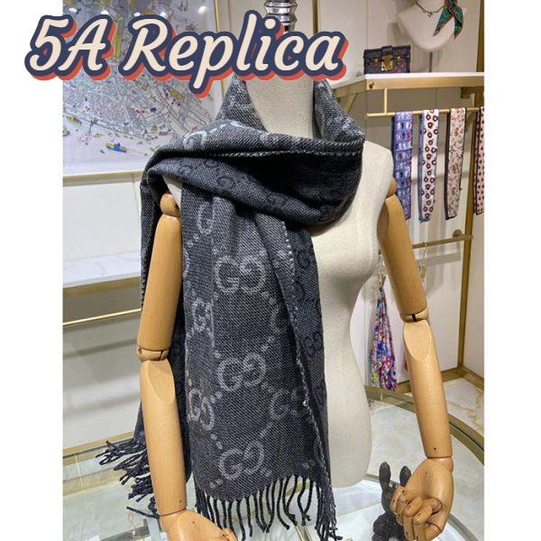 Replica Gucci Unisex GG Jcquard Pattern Knit Scarf Tassels Grey Wool Light Grey GG 15