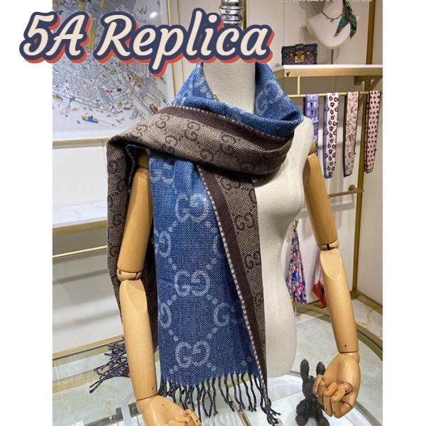 Replica Gucci Unisex Original GG Jacquard Knit Scarf Tassels Navy Light Brown Organic Wool 5