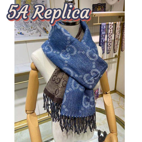 Replica Gucci Unisex Original GG Jacquard Knit Scarf Tassels Navy Light Brown Organic Wool 7