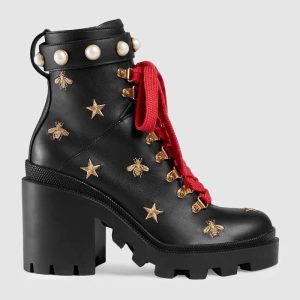 Replica Gucci Women Gucci Leather Embroidered Ankle Boot in Black Leather 8.9 cm-Red