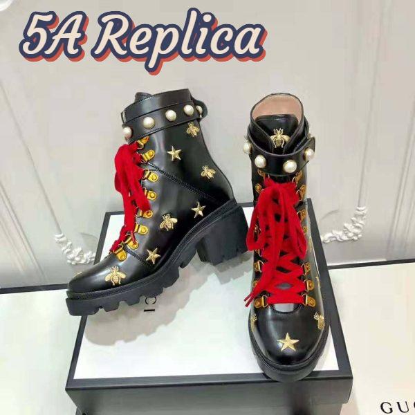 Replica Gucci Women Gucci Leather Embroidered Ankle Boot in Black Leather 8.9 cm-Red 8