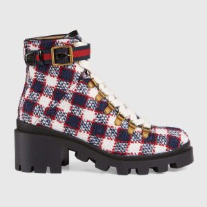 Replica Gucci Women Gucci Zumi GG Check Tweed Ankle Boot in Blue White and Red