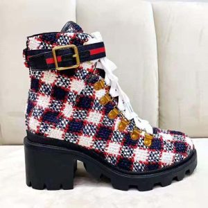 Replica Gucci Women Gucci Zumi GG Check Tweed Ankle Boot in Blue White and Red 2