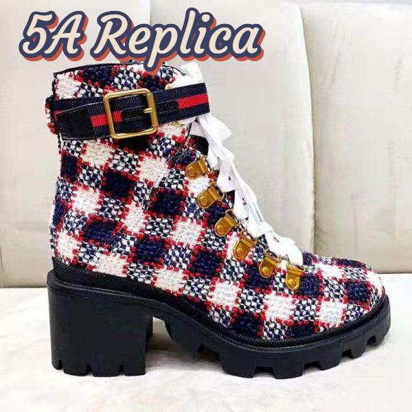 Replica Gucci Women Gucci Zumi GG Check Tweed Ankle Boot in Blue White and Red 2