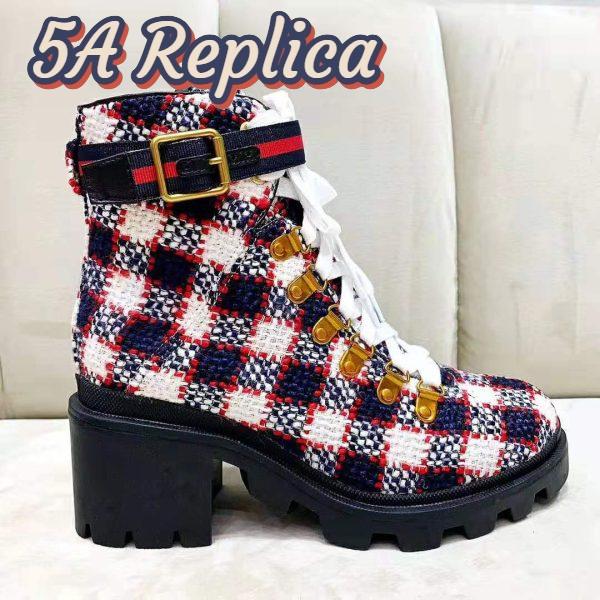 Replica Gucci Women Gucci Zumi GG Check Tweed Ankle Boot in Blue White and Red 6