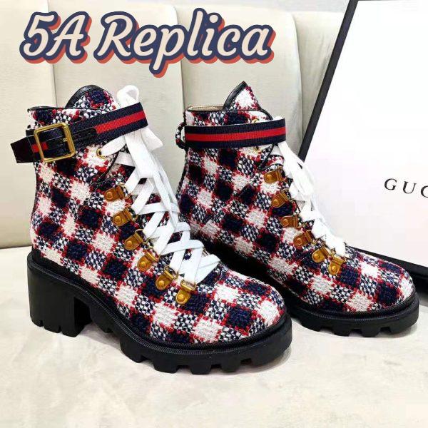 Replica Gucci Women Gucci Zumi GG Check Tweed Ankle Boot in Blue White and Red 7