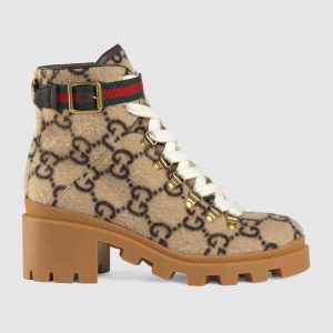 Replica Gucci Women Gucci Zumi GG Wool Ankle Boot in Beige and Ebony GG Wool