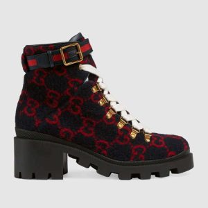 Replica Gucci Women Gucci Zumi GG Wool Ankle Boot in Blue and Red GG Wool