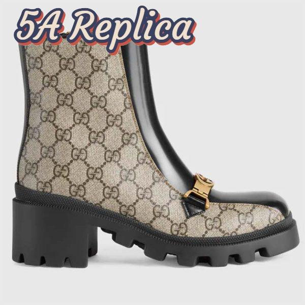 Replica Gucci Women Interlocking G Horsebit Boot Beige Ebony GG Supreme Canvas Mid-Heel