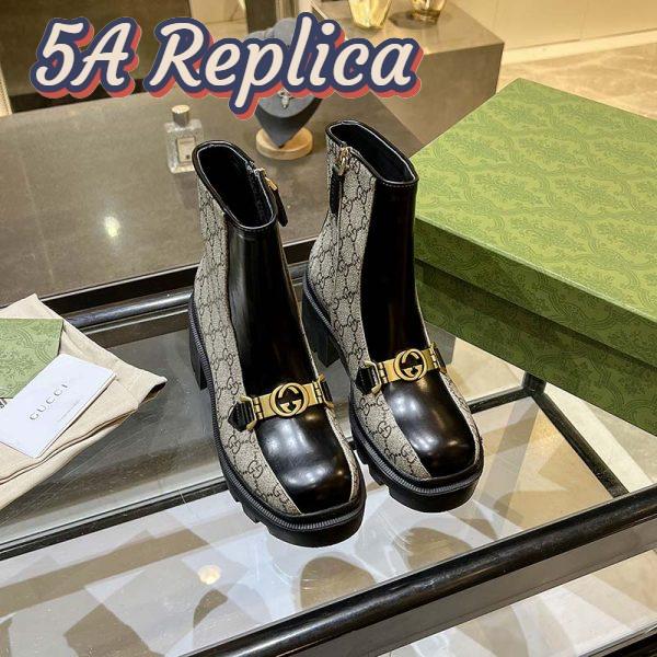 Replica Gucci Women Interlocking G Horsebit Boot Beige Ebony GG Supreme Canvas Mid-Heel 2