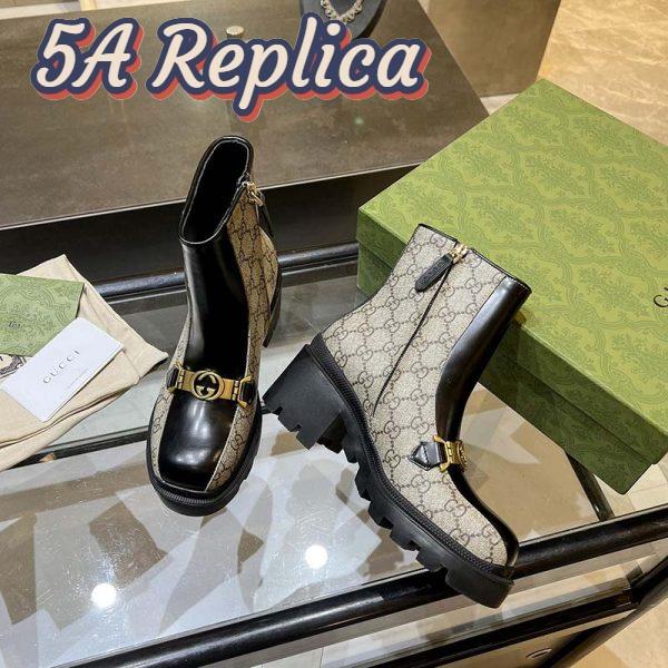 Replica Gucci Women Interlocking G Horsebit Boot Beige Ebony GG Supreme Canvas Mid-Heel 3