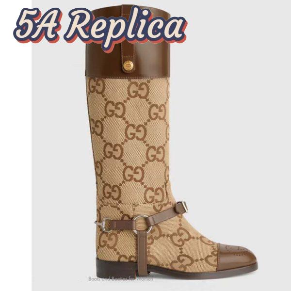 Replica Gucci Women Knee-High Boot Harness Beige Ebony Maxi GG Canvas Interlocking G