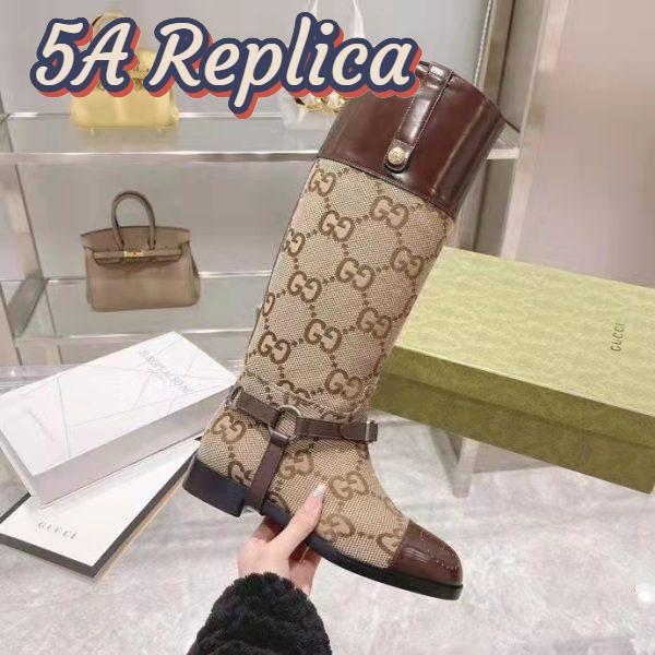 Replica Gucci Women Knee-High Boot Harness Beige Ebony Maxi GG Canvas Interlocking G 6