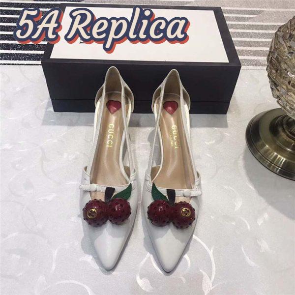 Replica Gucci Women Leather Cherry Pump Shoes-White 4