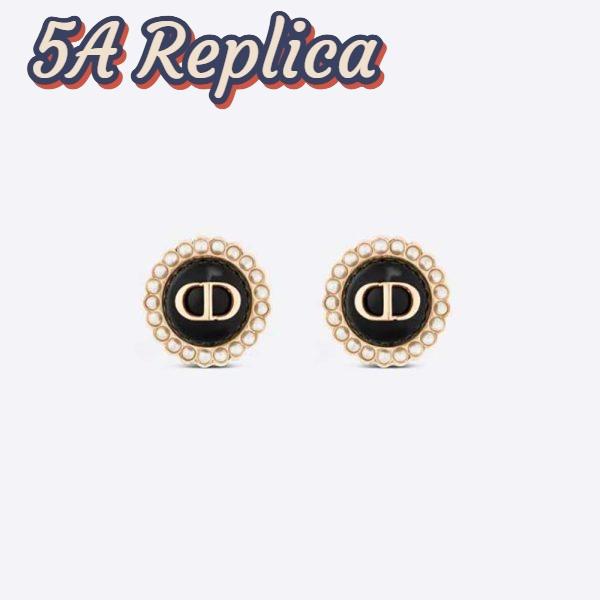Replica Dior Women Petit CD Studs Earrings Gold-Finish Metal and White Resin Pearls with Black Glass