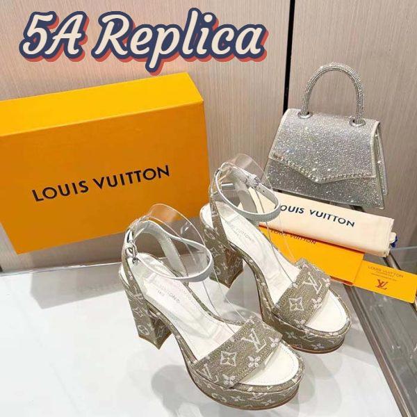 Replica Louis Vuitton Women LV Fame Platform Sandal Beige Monogram Denim Leather 11.5 CM Heel 4