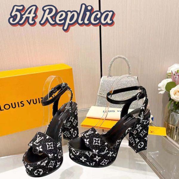 Replica Louis Vuitton Women LV Fame Platform Sandal Black Monogram Denim Leather 11.5 CM Heel 3