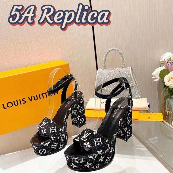 Replica Louis Vuitton Women LV Fame Platform Sandal Black Monogram Denim Leather 11.5 CM Heel 4