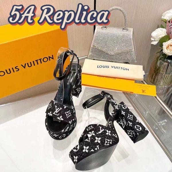 Replica Louis Vuitton Women LV Fame Platform Sandal Black Monogram Denim Leather 11.5 CM Heel 5