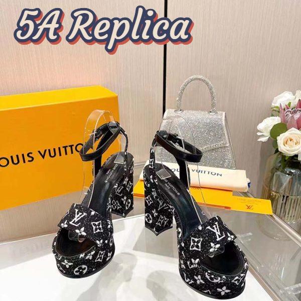 Replica Louis Vuitton Women LV Fame Platform Sandal Black Monogram Denim Leather 11.5 CM Heel 6