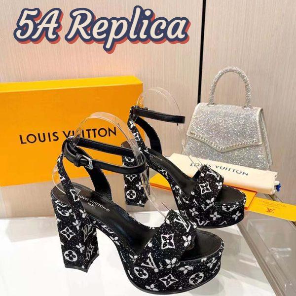Replica Louis Vuitton Women LV Fame Platform Sandal Black Monogram Denim Leather 11.5 CM Heel 7