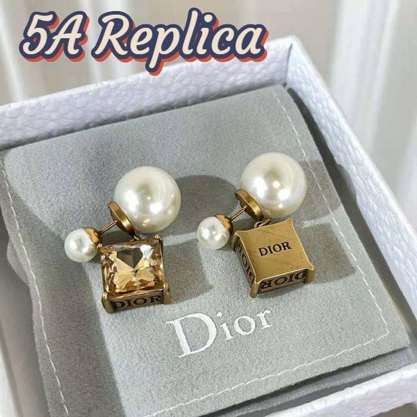 Replica Dior Women Tribales Earrings Antique Gold-Finish Metal with White Resin Pearls and Citrine 5