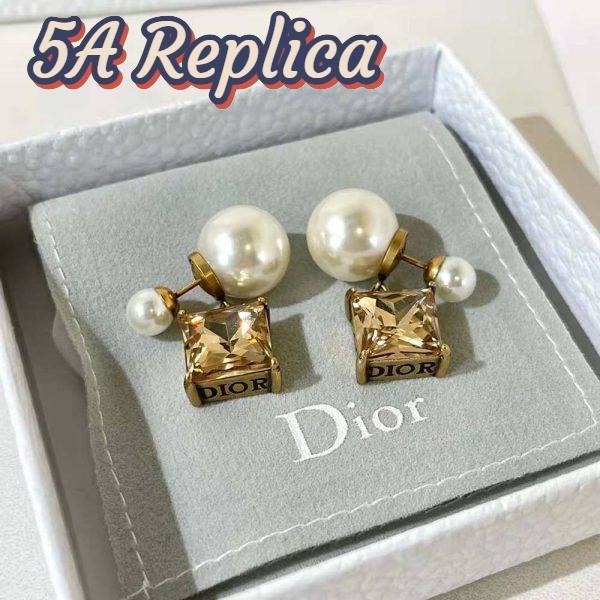 Replica Dior Women Tribales Earrings Antique Gold-Finish Metal with White Resin Pearls and Citrine 6