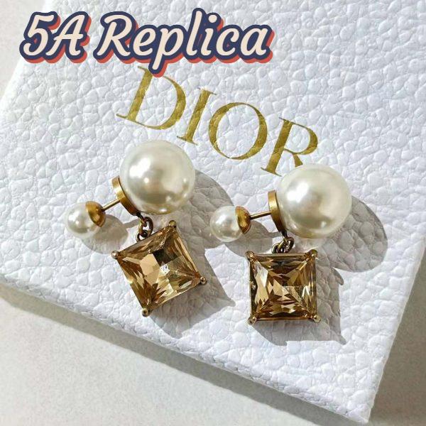 Replica Dior Women Tribales Earrings Antique Gold-Finish Metal with White Resin Pearls and Citrine 7