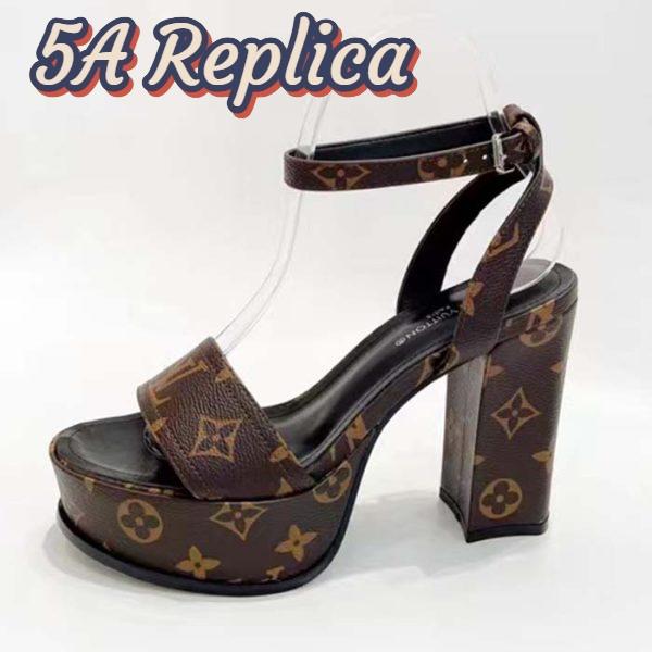 Replica Louis Vuitton Women LV Fame Platform Sandal Brown Monogram Denim Leather 11.5 CM Heel 2