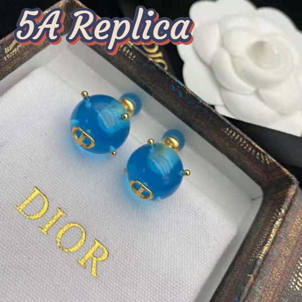 Replica Dior Women Tribales Earrings Gold-Finish Metal and Light Blue Transparent Resin Pearls 4