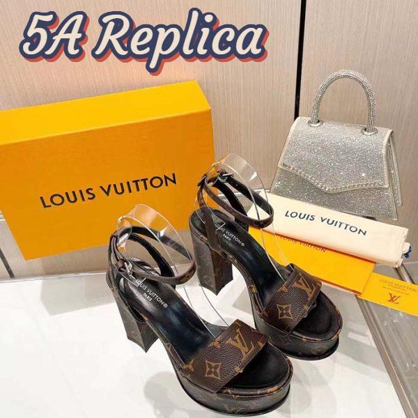 Replica Louis Vuitton Women LV Fame Platform Sandal Brown Monogram Denim Leather 11.5 CM Heel 8