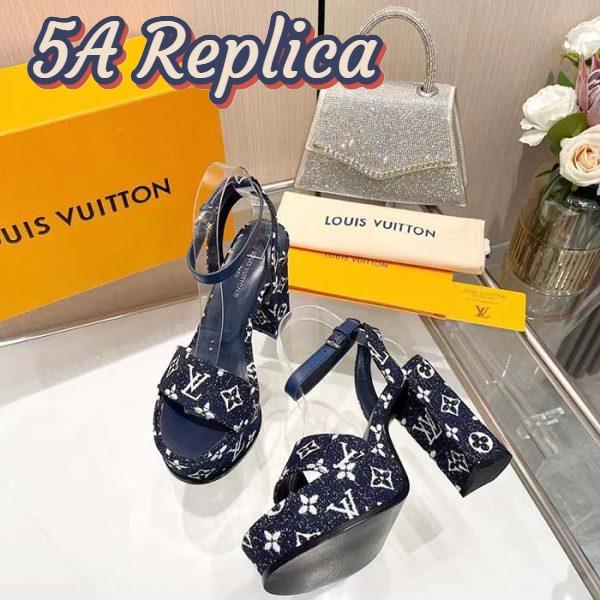Replica Louis Vuitton Women LV Fame Platform Sandal Navy Monogram Denim Leather 11.5 CM Heel 4